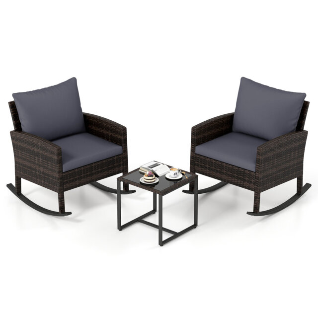 3 Pieces Wicker Rocking Bistro Set Hand-Woven Rattan Outdoor Patio Furniture Set