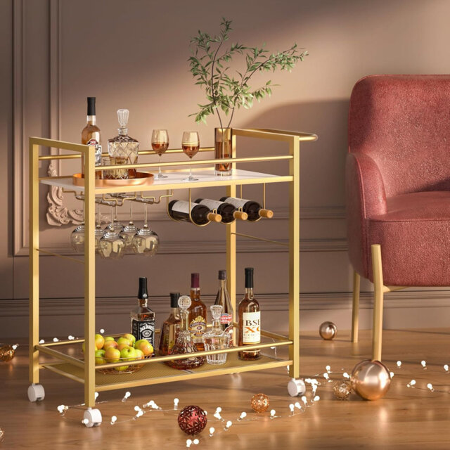 Modern Bar Cart With Wheels For Kitchen, Living Room Or Dining Room,Gold And White