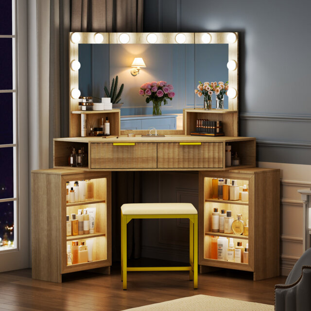 Dressing Table with Motion Sensor 3-colour lighting, Charging Socket and Stool