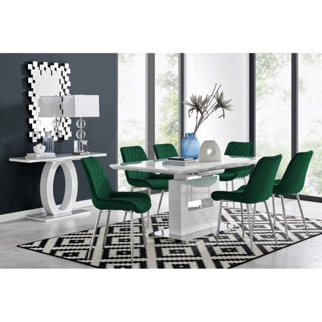 Alezzo Modern High Gloss Extendable Dining Table Set with 6 Luxury Velvet Dining Chairs