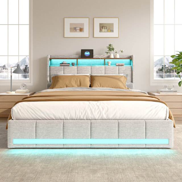 Linen Upholstered Bed With LED, Charging Ports & 4 Drawers
