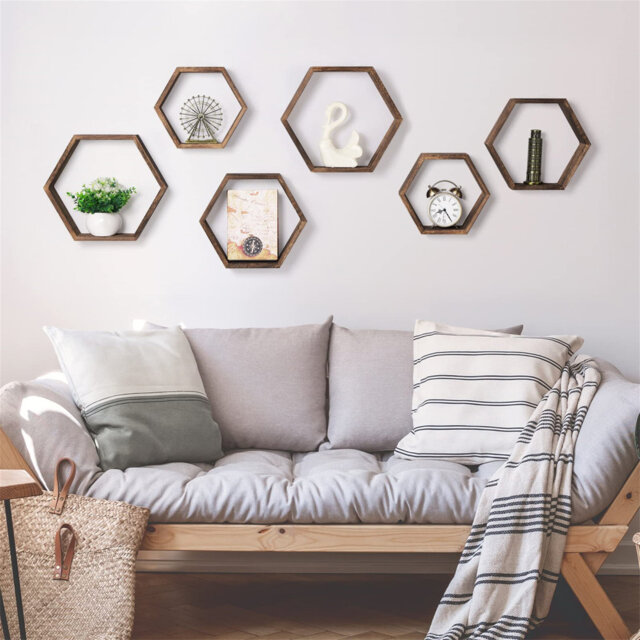 Hexagonal floating shelf set with 6 honeycomb wall shelves for farmhouses. Wooden display shelves for bedrooms, living rooms, office decoration