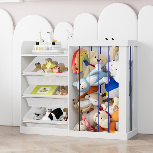 Johnson Kids Bookcase & Toy Storage Organiser With 3 Removable Plastic Boxes, Wooden Children's Bookshelf With Elastic Sling Pockets For Playroom, Bed