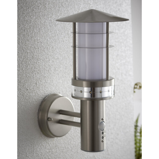 "Budapest Brushed Stainless Steel 13.1"" H Outdoor Wall Lantern with Dusk to Dawn"