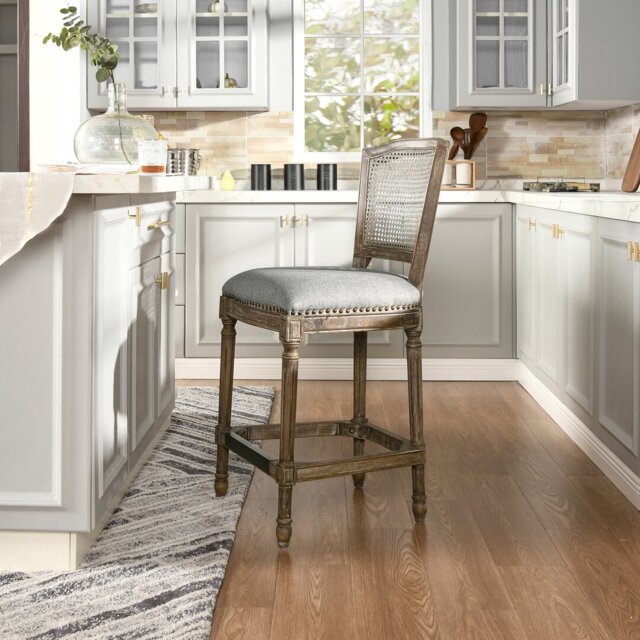 Triomphe Rattan Wicker High Back Armless Counter Bar Stool, Dark Heathered Grey Linen