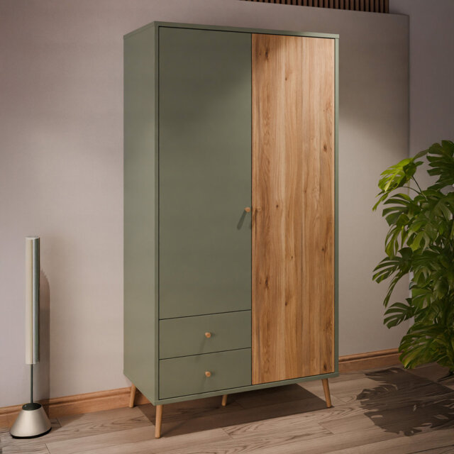 Mid-Century-Modern wardrobe, EasyKlix by Forte quick assembly system, 2 doors, 2 drawers, tall feet, engineered wood, white/oak decor, 104.5 cm W x 20