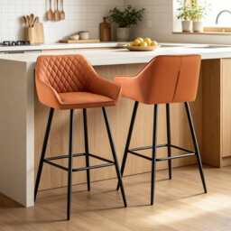 Faux Leather Upholstered Bar Stools with Armrests & Diamond Tufting