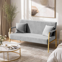 Corduroy Loveseat Sofa with Gold Metal Legs and Throw Pillows