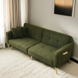 Sofa Bed Adjustable Backrest Angles With Gold Legs, Cushions And Side Storage Pockets