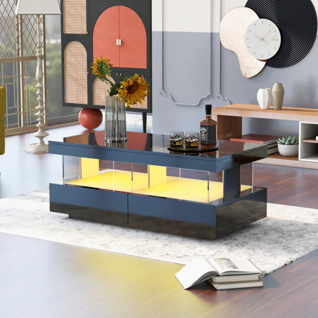 Coffee Table for Living Room, High Gloss Tea Table with LED Lights 100*60*49.5cm Particle Board 1-Piece Coffee Table with Storage Black LED Lighting &