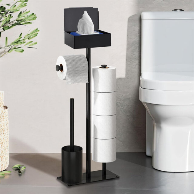 Black Toilet Roll Holder Free Standing, Stainless Steel Toilet Roll Holder With Toilet Brush, Holds 4 Rolls, Bathroom Toilet Paper Dispenser With Wipe