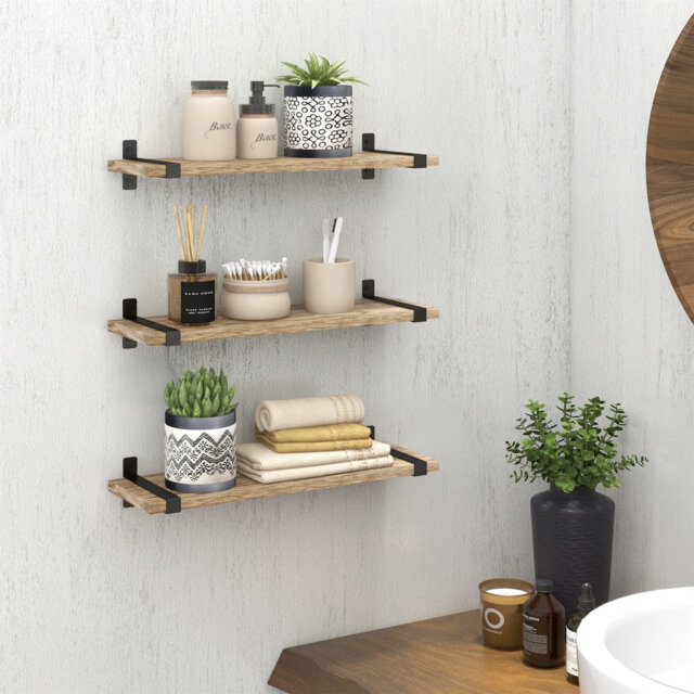 Set of three wooden wall shelves with black metal hanging shelves