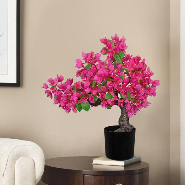 "20.8"" Artificial Bougainvillea Bonsai in Black Pot, Hot Pink Silk Plant for Home Decor"