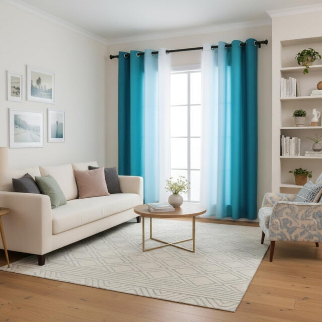 Teal White Gradient Design Curtains Eyelet Ombre Light Filtering Curtains & Drapes 90 Inch Drop