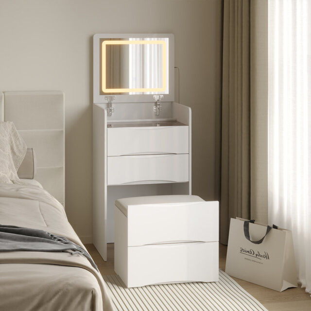 Dressing Table Set, 2-in-1 Makeup Vanity With Flip Top Mirror, Tri-color Led Lighting, 3 Drawers, And Cushioned Stool â Compact Storage Desk