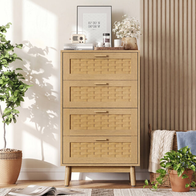 Rattan Chest Of Drawers, 4 Drawer Dresser Cabinet, Farmhouse Storage Organizer Cabinet For Living Room, Hallway, Oak