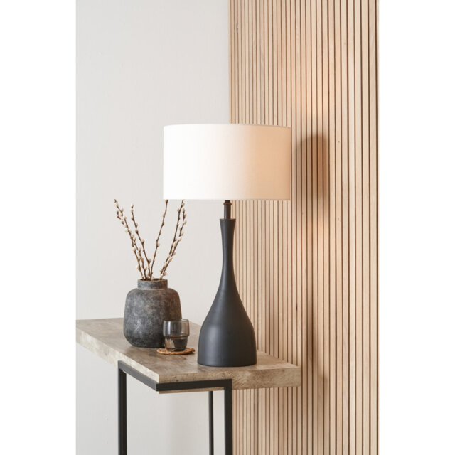 Llora Matt Black Metal Curved Table Lamp Base with Henry 35cm White Handloom Cylinder Lampshade
