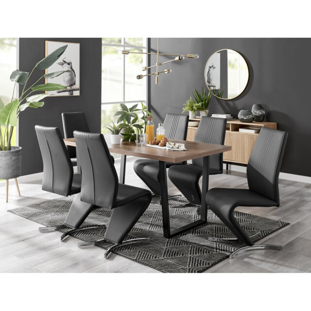 Kylooe Modern Brown Wood And Black Metal Dining Table Set With 6 Modern Design Faux Leather Chairs