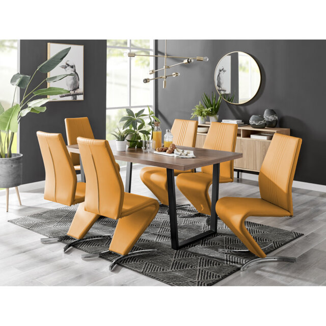 Kylooe Modern Brown Wood And Black Metal Dining Table Set With 6 Modern Design Faux Leather Chairs