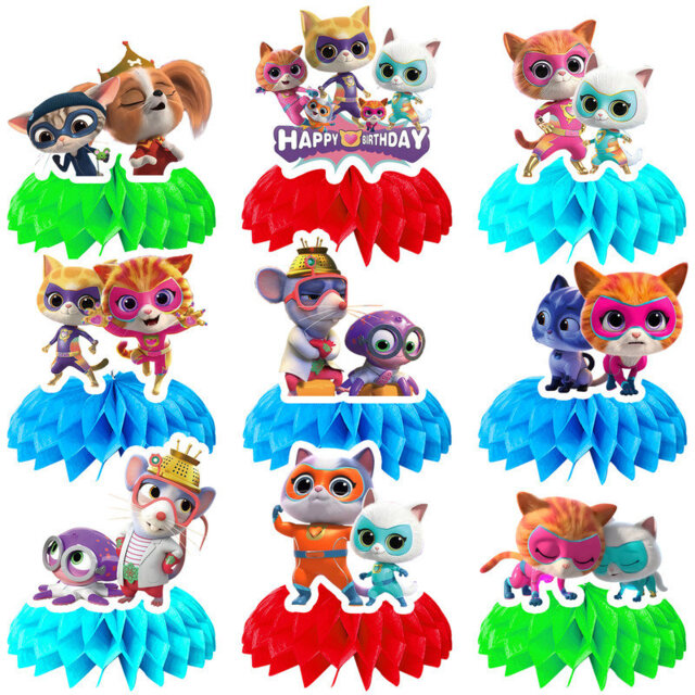 9Pcs Super Kitties Squad Honeycomb Centerpieces for Birthday,Super Kitties Squad Centerpieces