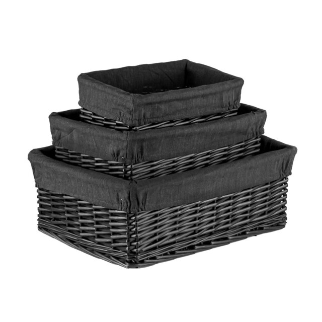 Innoteck Essentials Wicker Storage Baskets with Cloth Lining(Set of 3) - Black