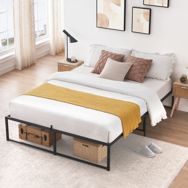 Sturdy 3-in-1 Steel Support Metal Bed Frame – Queen Size, 14 Inch High Platform, Heavy Duty Foundation, Large Underbed Storage, Noise-Free, No Box Spr