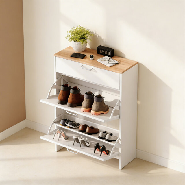 Freestanding Shoe Storage Cabinet With 1 Drawer & 2 Doors, Shoe Cupboard Featuring Silver Handles, Space-Saving Dust-Proof Organizer For Entryway & Ha