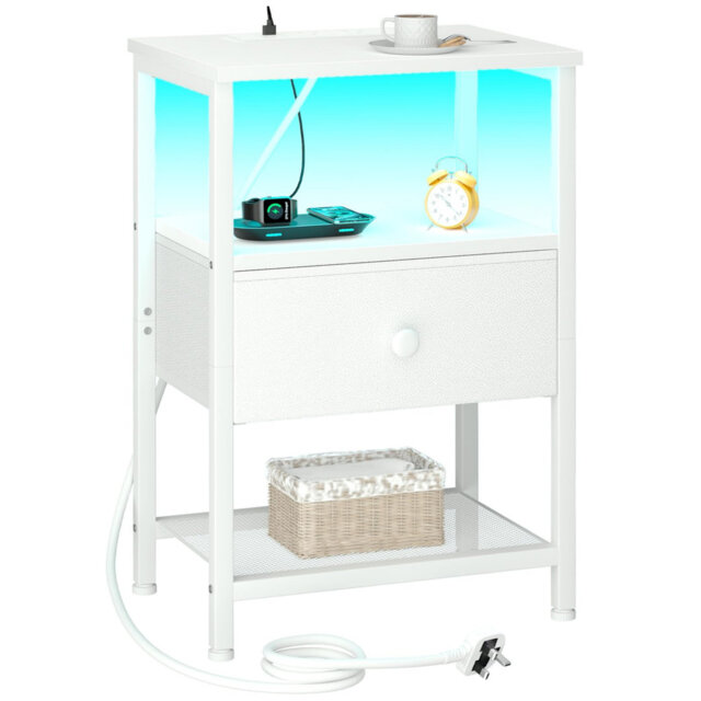 White Nightstand with Charging Station & LED Light, Fabric Drawer Bedside Cabinet with Open Shelf, Multifunctional Sofa Side Table UHETS01WT-1