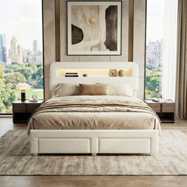 European Double & King Size Velvet Storage Bed With 2 Drawers & LED Headboard, Upholstery Bed Frame With Charging Port, Beige
