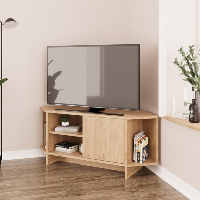 Teo Corner TV Stand – Space-Saving TV Unit for 43–48'' TVs, Compact Media Console with Open Shelves & Cabinet, Ready to Assemble, Available in 7 Colou