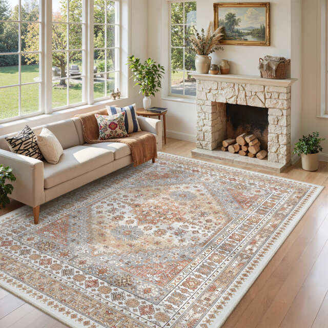 Machine Washable Oriental Floral Non Slip Indoor Area Rug