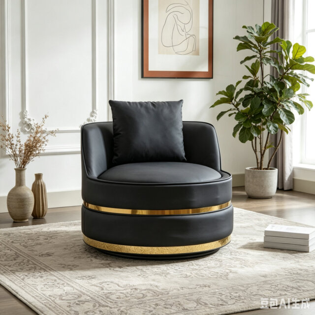 "30"" Gray Velvet Swivel Barrel Chair, 360° Rotation & Gold Trim, Plush Pillow"