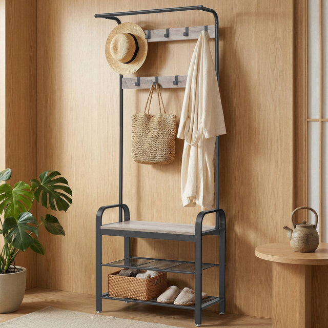 Coat Rack, Coat Stand with Shoe Storage Bench, 4-in-1 Design, with 9 Removable Hooks, a Clothes Rail, 34 x 72 x 183 cm, Industrial, and Black