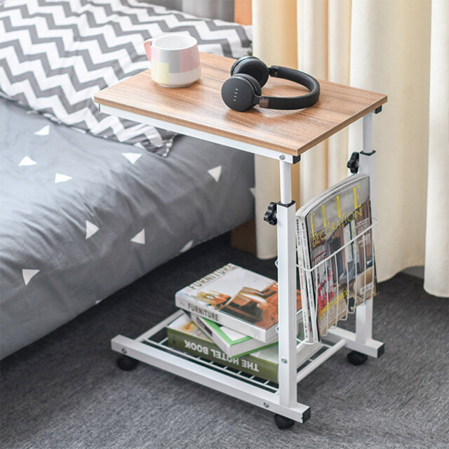 Industrial Adjustable Overbed Desk with Wire Basket
