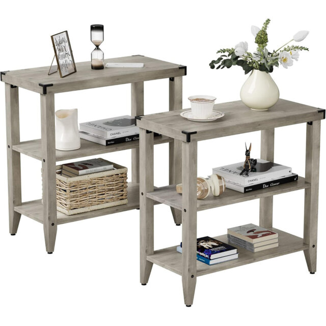 Farmhouse End Table Rustic Side Table with Storage Shelf for Small Spaces Grey Bedside Table Narrow Nightstand for Living Room, Bedroom (Grey, 2PCS)