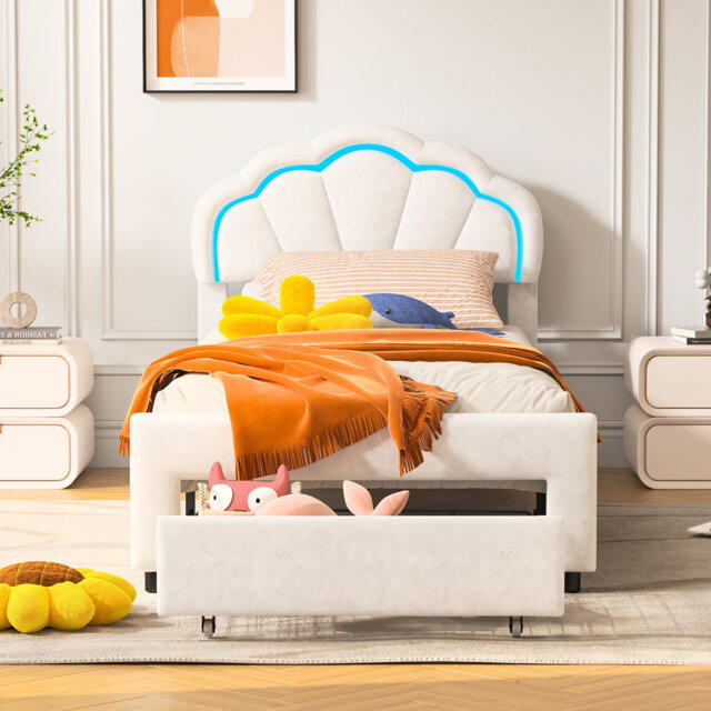 Single Bed Frame Kids Bed With LED, Soft Velvet Upholstered Bed With Petal Shaped Adjustable Height Headboard, Platform Bed Frame With Solid Wood Slat