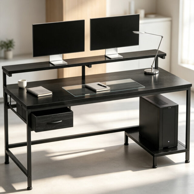 120cm Ergonomic Gaming Desk, Adjustable Monitor Stand Computer Desk with Drawer, Headphone Hook & Reversible CPU Shelf