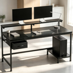 120cm Ergonomic Gaming Desk, Adjustable Monitor Stand Computer Desk with Drawer, Headphone Hook & Reversible CPU Shelf
