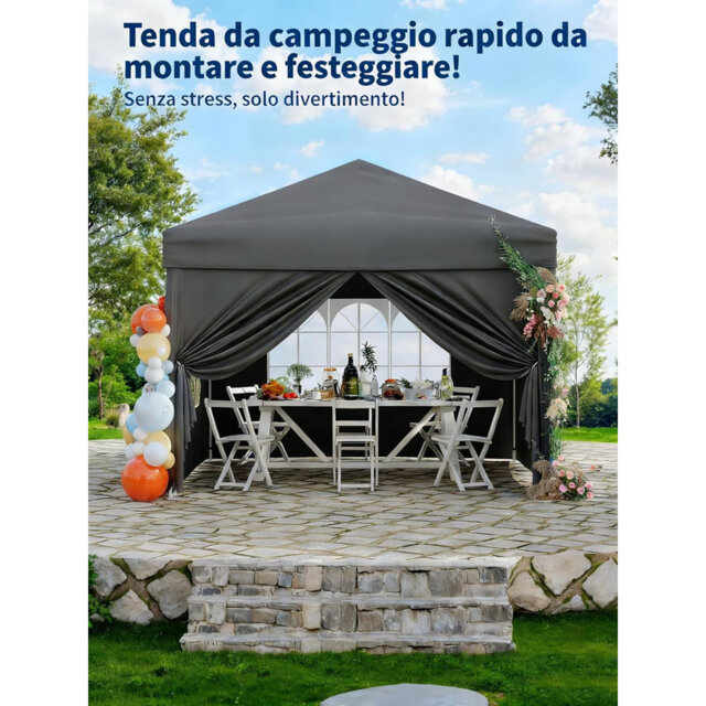 Pop Up Folding Gazebo 3x3m, Waterproof with UV Protection 50+, Height Adjustable, Stable Steel Frame, 4 Side Panels, Pegs, Ropes, Sandbags & Carrying
