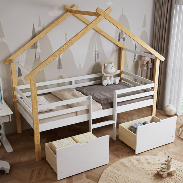 3ft Single Wooden Bed with Safety Guardrail and Roof Design, Two Storage Drawers with Wheels, MDF + Pinewood Frame, White and Natural Finish