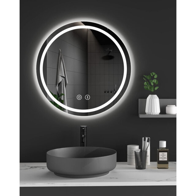 600mm Round Bathroom Mirror with LED Light, Illuminated Circle Makeup Vanity Mirror with Demister Pad, Anti-fog, 3 Lighting Modes, Dimmable, Wall Moun