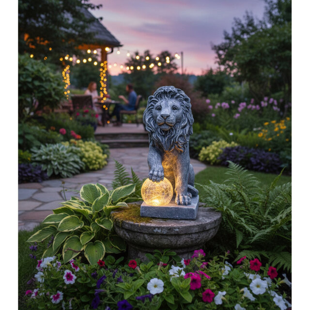 Lion Statue Outdoor Garden Ornament With Led Ball Ligh