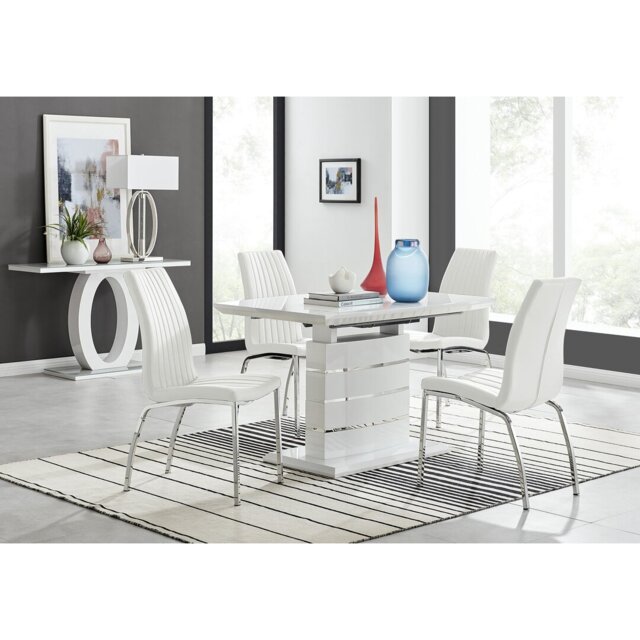 Renne Modern High Gloss Extendable Dining Table Set With 4 Soft Touch Faux Leather Dining Chairs