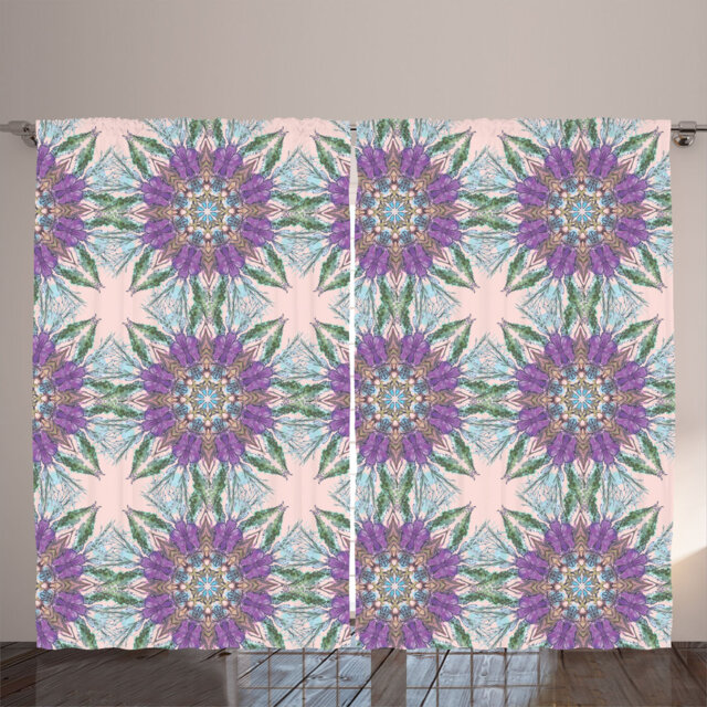 Rustic curtain, fractal look floral print, flowers, violet green blue