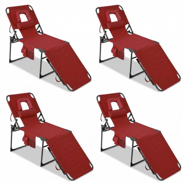 4-Pack Adjustable Folding Outdoor Tanning Beach Lounge Chair with Face Hole, Detachable Pillow & Side Storage Pocket, 5-Position Reclining Backrest fo