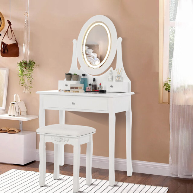 Vanity Table with LED Lighted Mirror, Modern Makeup Desk with 3 Storage Drawers, Cushioned Stool & 3-Color Lighting, White Dressing Table for Bedroom