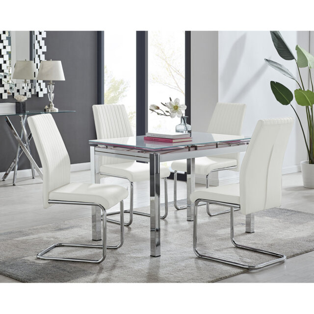 Tierra Modern Glass & Metal Extendable Dining Table Set & 4 Luxury Faux Leather Dining Chairs