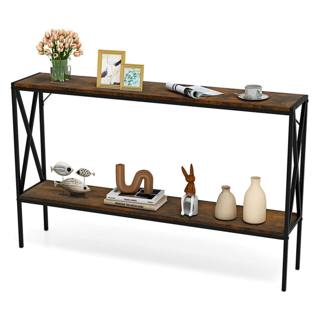 Industrial Console Table 2-Tier Narrow Sofa Table Behind Couch-Coffee