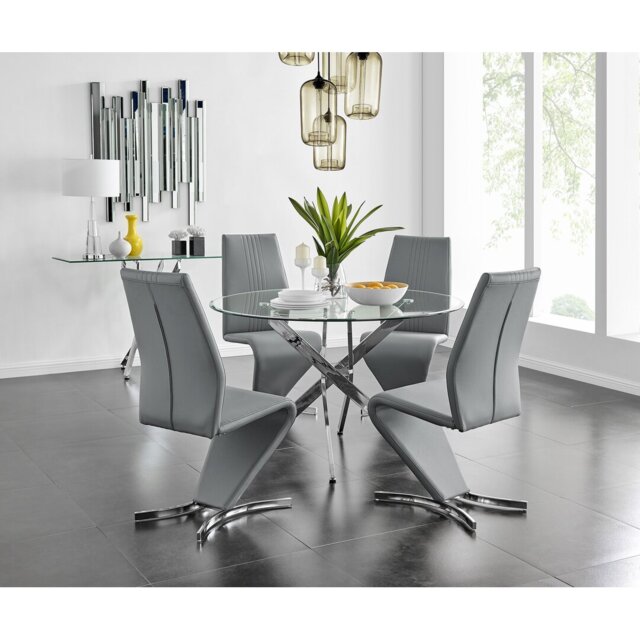 Tierra Modern Chrome Metal & Glass Round Dining Table Set with 4 Modern Design Faux Leather Chairs