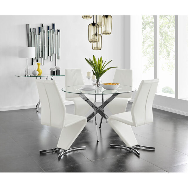 Tierra Modern Chrome Metal & Glass Round Dining Table Set with 4 Modern Design Faux Leather Chairs